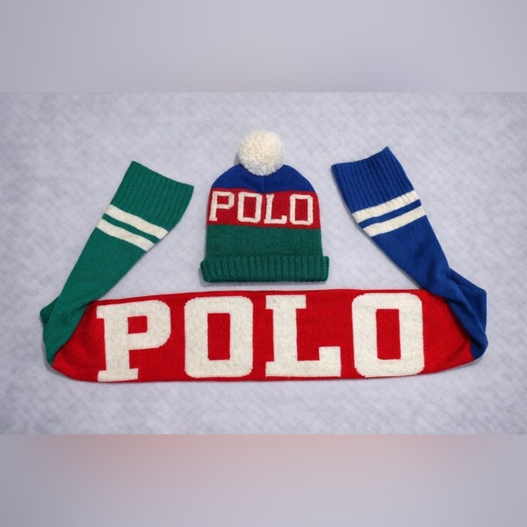 Polo Ralph Lauren Logo Striped Skullcap Hat & Scarf Set - Picture 1 of 1
